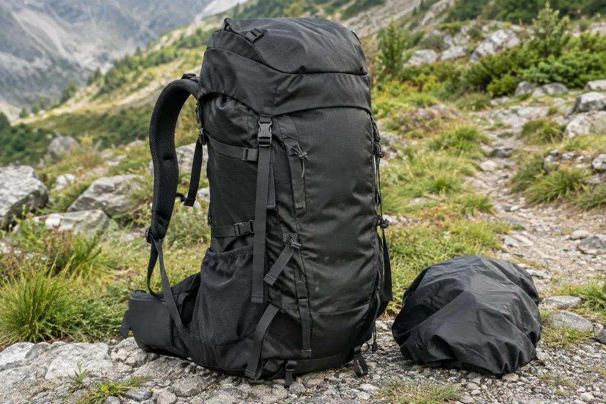 Sac à dos de randonnée noir de 60 L avec poches latérales et sangles extérieures sur un sol minéral