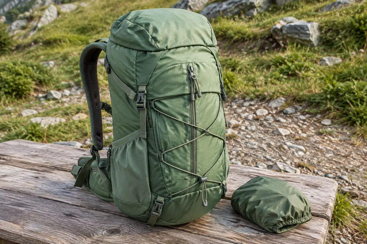 Sac à dos de randonnée vert clair avec poches multiples et housse de pluie sur une table de bivouac
