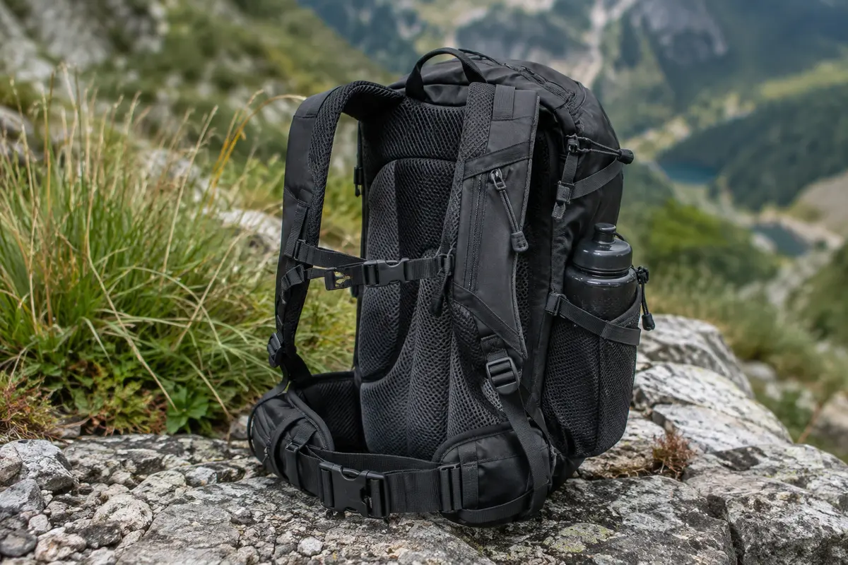 Sac à dos de randonnée noir de 15 L posé sur un sol minéral, avec dos en mesh et sangles réglables