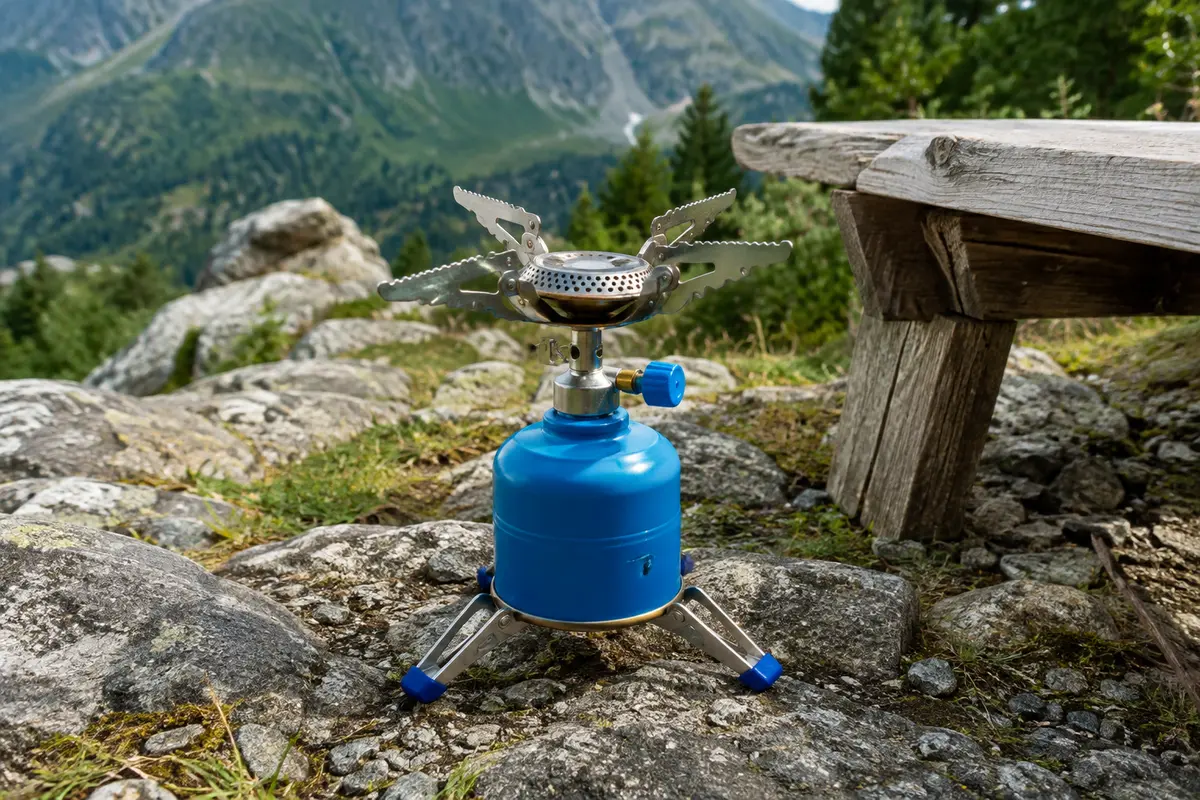 Réchaud de randonnée bleu à quatre pieds posé sur un sol minéral près d’une table de bivouac