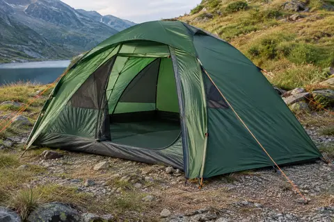 Tente dôme verte à double toit installée sur un sol minéral de montagne, avec ses haubans tendus