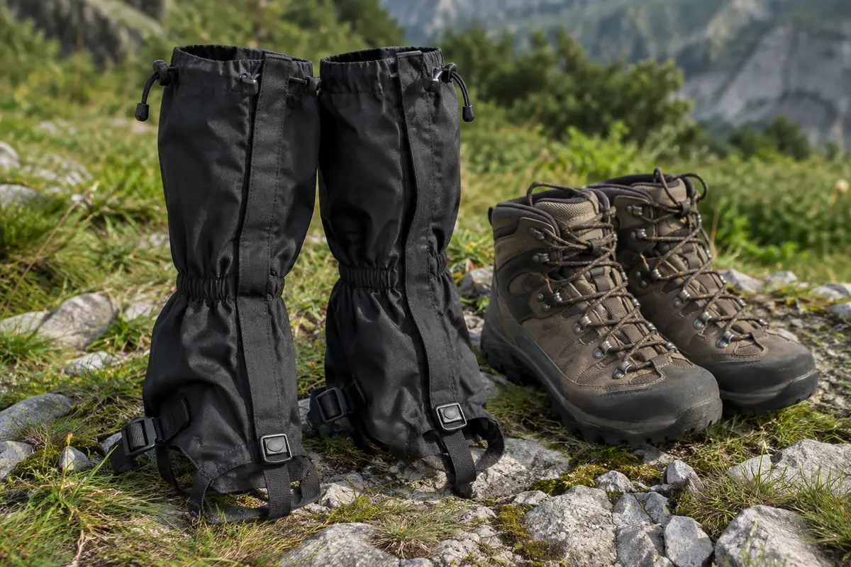 Paire de guêtres de randonnée noires avec sangles réglables, posées près de bottes sur un sol minéral