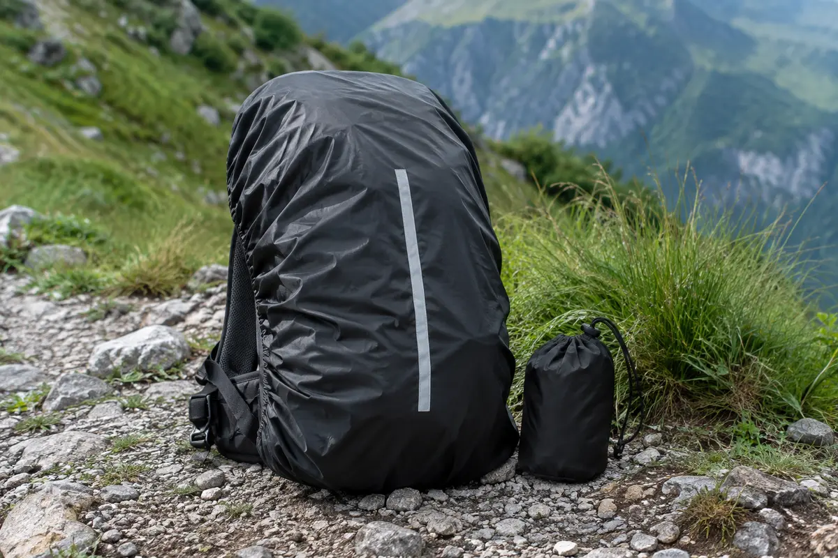 Housse de pluie noire pour sac à dos avec bande réfléchissante, posée sur un sol minéral de montagne.