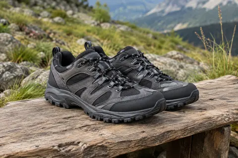 Chaussures basses de randonnée en cuir et maille gris foncé, posées sur une table de bivouac en bois.