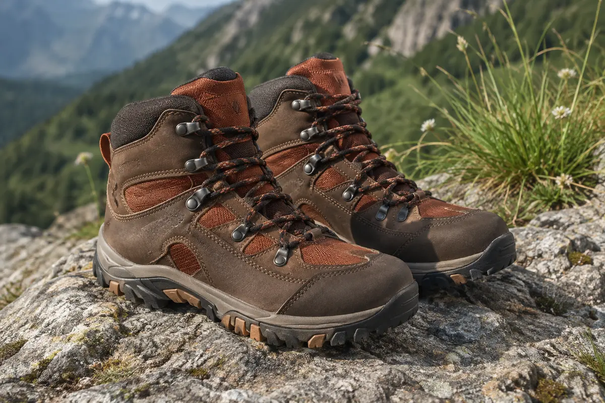 Chaussures de randonnée brunes en cuir, daim et maille posées sur un sentier de pierre.