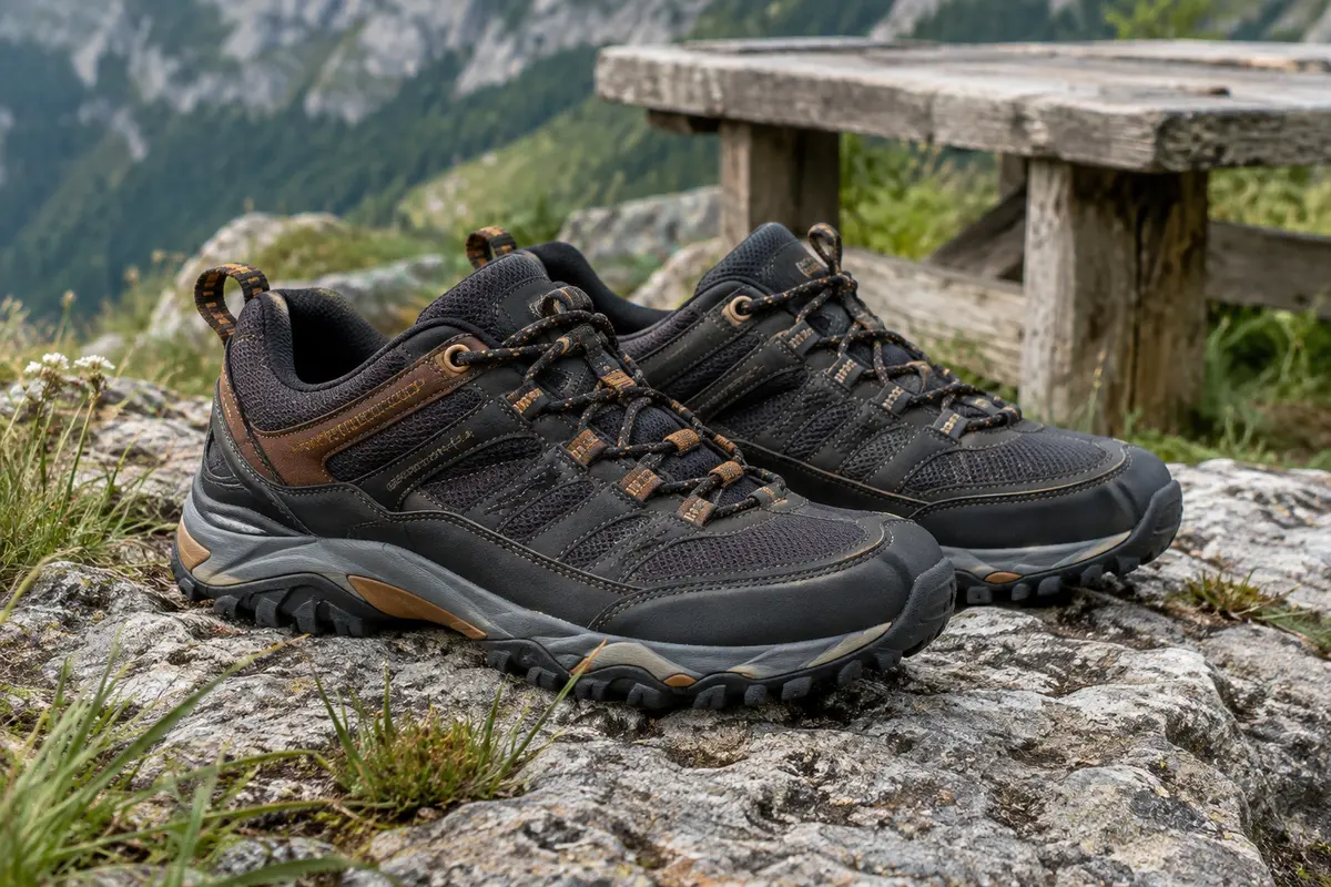 Chaussures basses de randonnée noires et caramel en cuir et maille, posées sur un sol minéral.