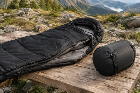 Sac de couchage rectangulaire noir avec capuche et sac de compression posé sur une table de bivouac en bois brut.