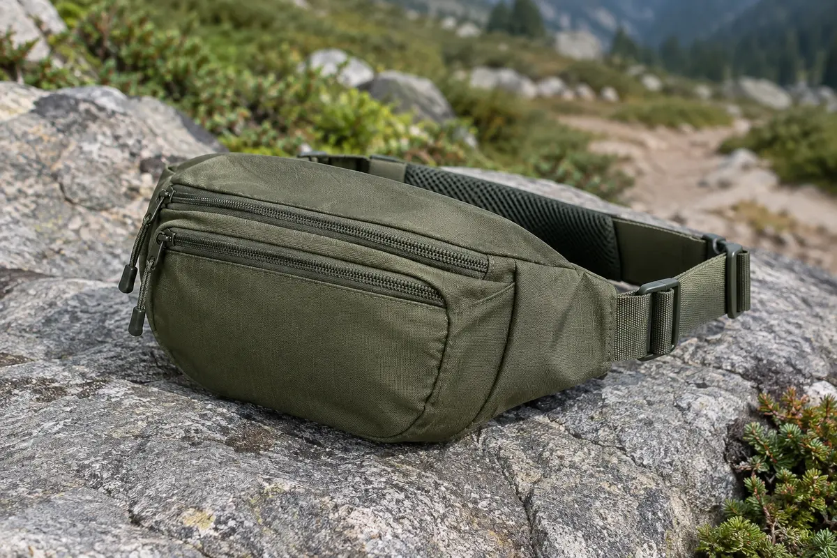 Sac banane Dakine Hip Pack en polyester, avec deux compartiments zippés, posé sur une pierre près d’un sentier.