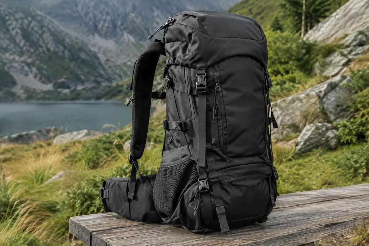 Sac à dos de trekking noir de 70 L posé sur une table de bivouac en bois, avec ses poches et bretelles visibles.