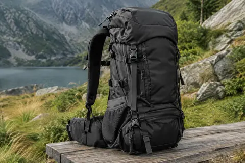 Sac à dos de trekking noir de 70 L posé sur une table de bivouac en bois, avec ses poches et bretelles visibles.