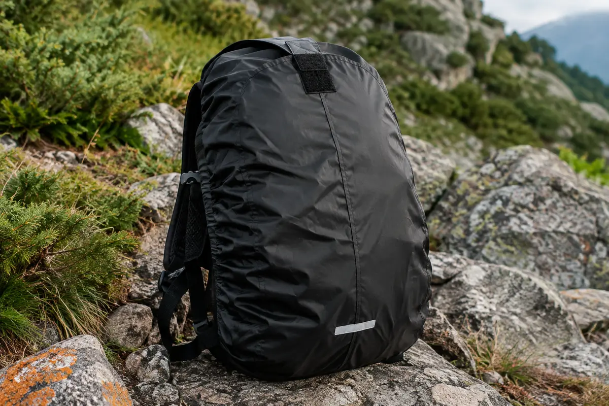Housse de pluie Eastpak Cory noire en polyester, posée sur un sac à dos sur un sol minéral de montagne.