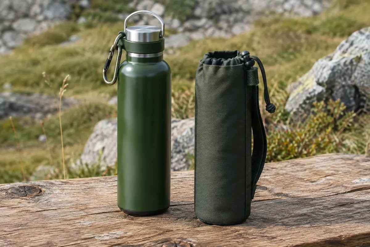 Gourde isotherme verte en inox avec mousqueton et housse, posée sur une table de bivouac en bois