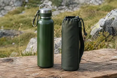Gourde isotherme verte en inox avec mousqueton et housse, posée sur une table de bivouac en bois
