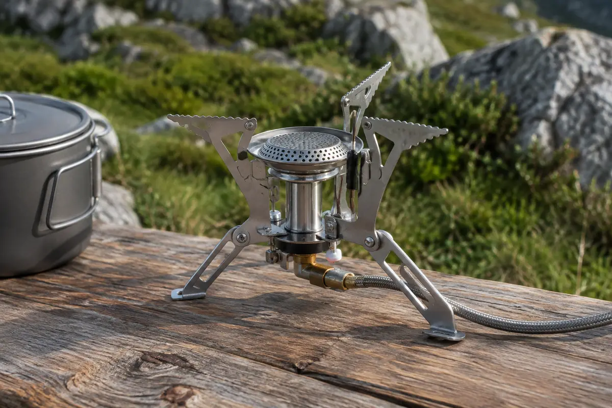 Réchaud de randonnée Fire-Maple Torch en acier inoxydable posé déplié sur une table de bivouac
