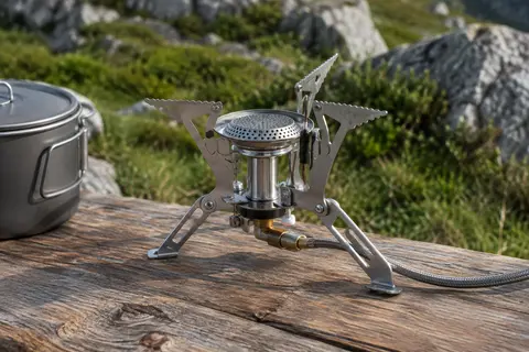Réchaud de randonnée Fire-Maple Torch en acier inoxydable posé déplié sur une table de bivouac