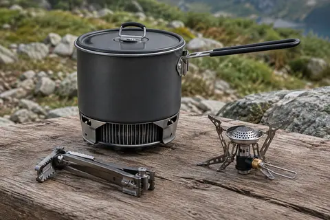 Système de cuisson noir pour la randonnée avec casserole d’un litre, brûleur à gaz et stabilisateur