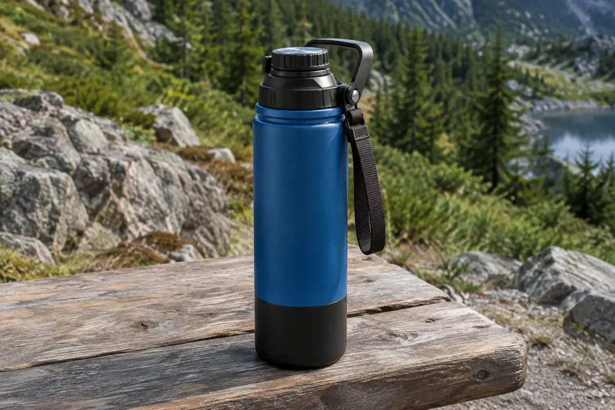 Gourde isotherme bleue et noire avec poignée et sangle, posée sur une table de bivouac en bois