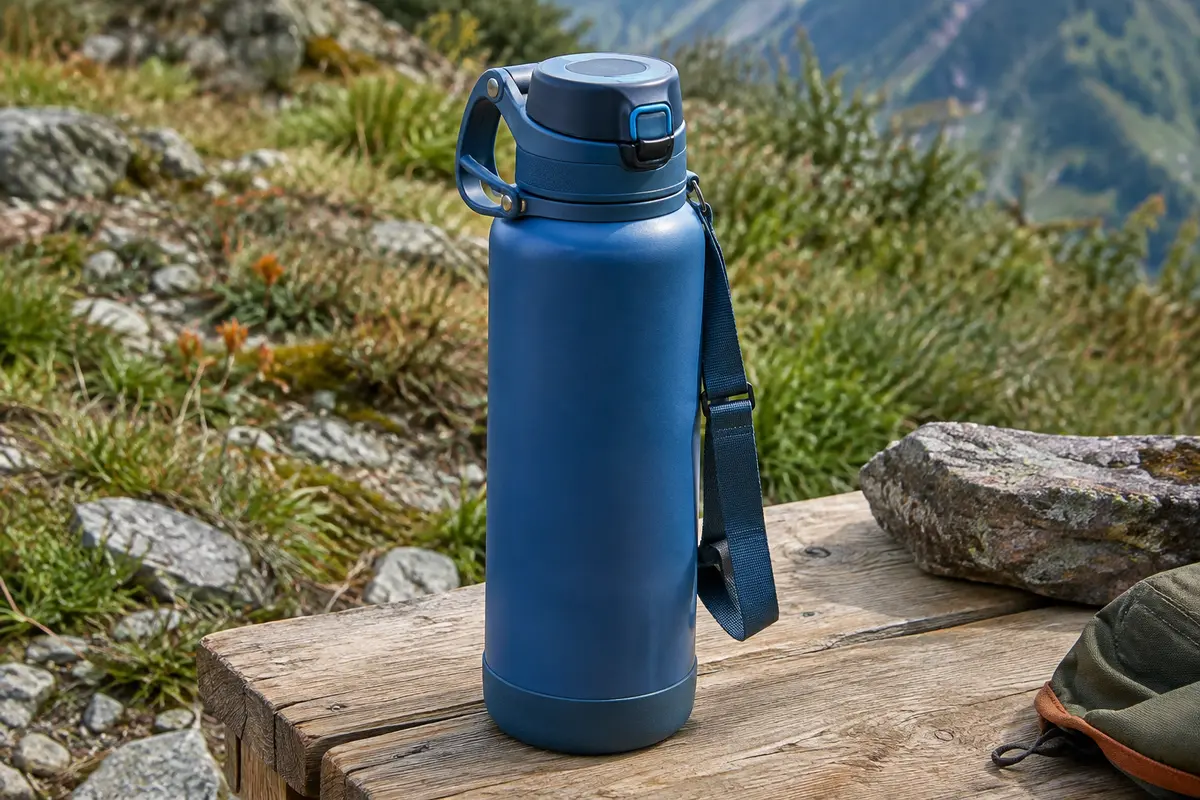 Gourde isotherme bleue en inox avec couvercle magnétique, poignée et sangle posée sur une table de bivouac.