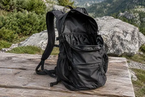 Sac à dos de randonnée noir pliable posé ouvert sur une table de bivouac en bois brut.