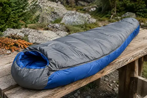 Sac de couchage momie gris et bleu royal posé sur une table de bivouac en bois brut