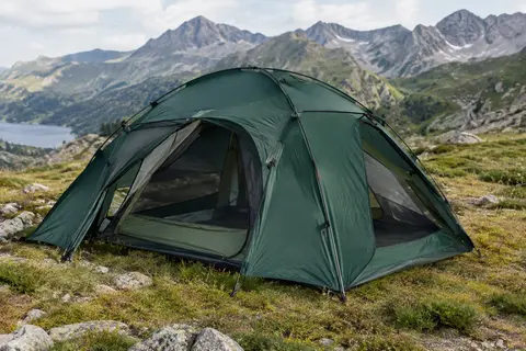 Tente dôme Forceatt vert foncé à deux portes, installée sur un terrain de montagne avec ses vestibules visibles