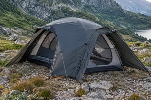 Tente dôme gris foncé pour deux personnes, montée sur un sol minéral avec ses vestibules et ses ouvertures.