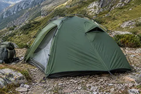 Tente dôme Geertop vert feuillage pour une personne installée sur un sol minéral de montagne.