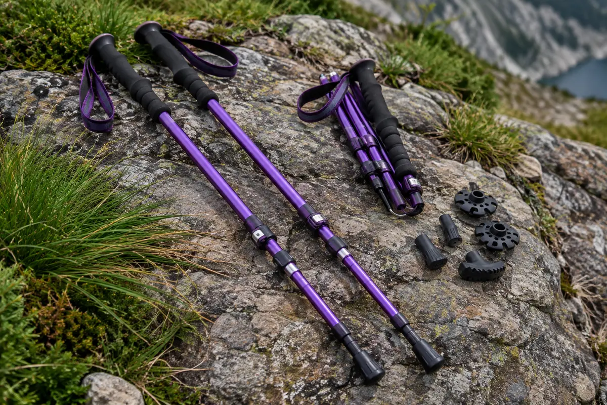 Paire de bâtons de randonnée violets en aluminium avec poignées en mousse et embouts interchangeables