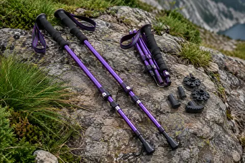 Paire de bâtons de randonnée violets en aluminium avec poignées en mousse et embouts interchangeables