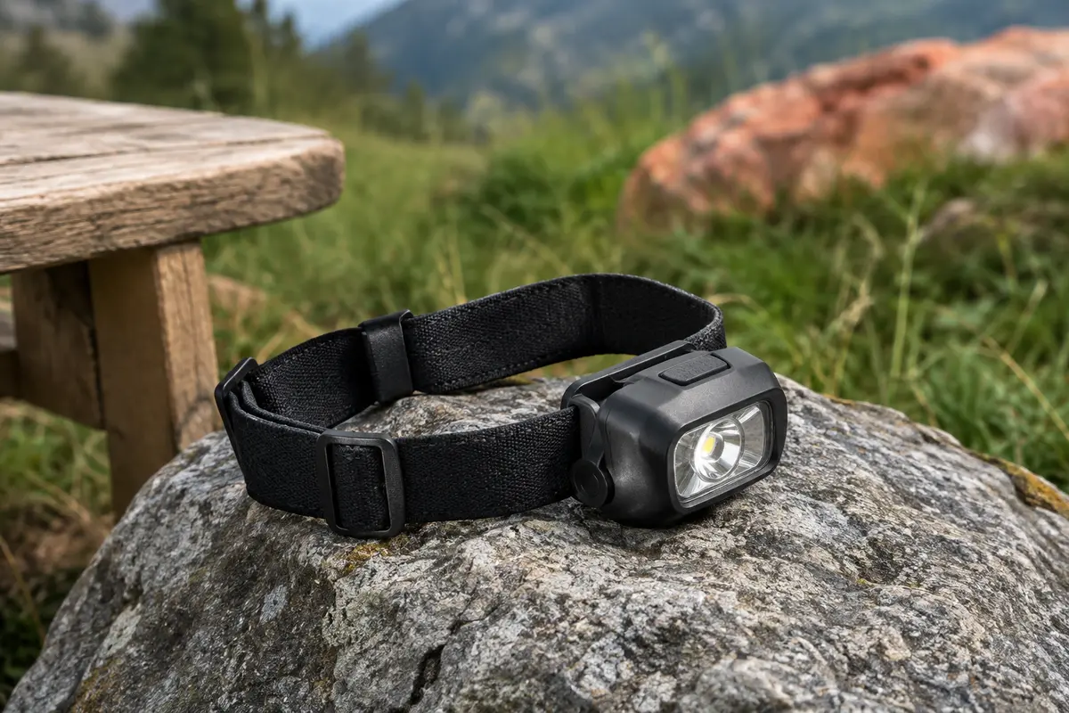 Lampe frontale noire rechargeable avec bandeau réglable posée sur une pierre en extérieur