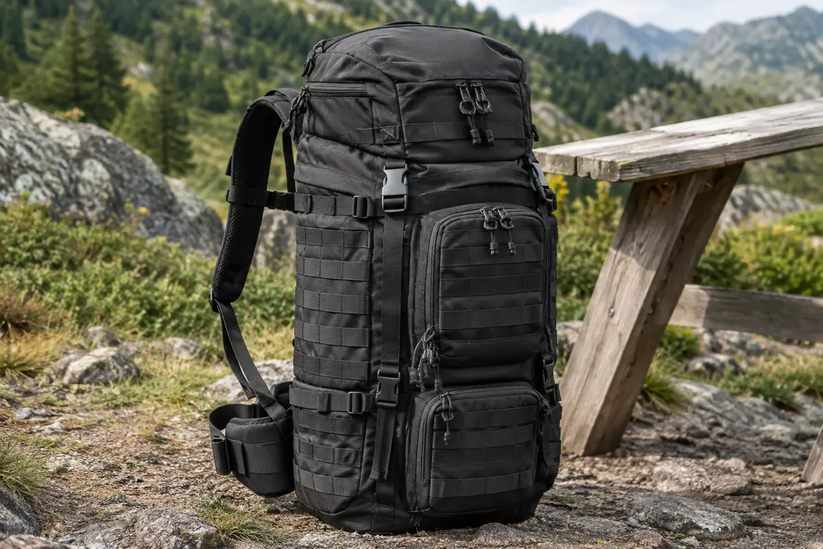 Sac à dos tactique noir de 50 litres posé sur un sol minéral, avec ses sangles et rangements Molle visibles.