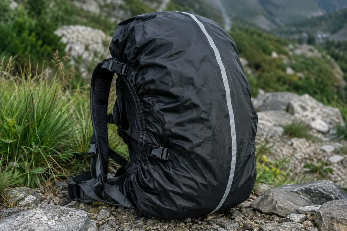 Housse de pluie noire sur un petit sac à dos, avec bord élastique, sangles réglables et bande réfléchissante.