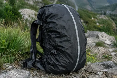 Housse de pluie noire sur un petit sac à dos, avec bord élastique, sangles réglables et bande réfléchissante.