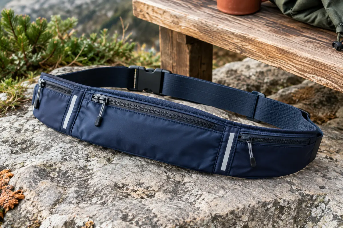 Ceinture de running bleu marine à trois poches zippées et détails réfléchissants posée sur un sol minéral