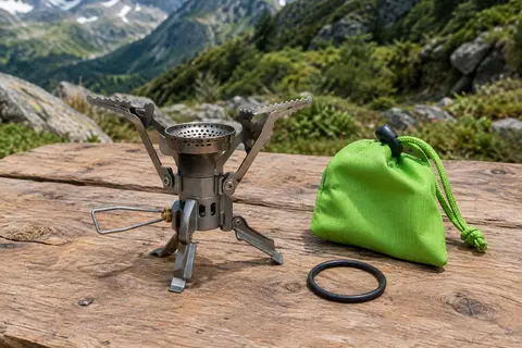 Réchaud de randonnée Hamans en titane gris avec supports pliants, pochette verte et joint de rechange