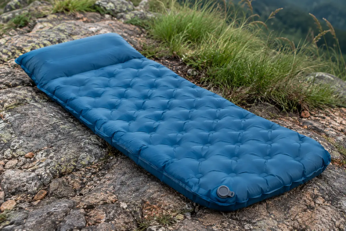 Matelas de randonnée gonflable bleu avec oreiller intégré, posé sur un sol minéral en montagne