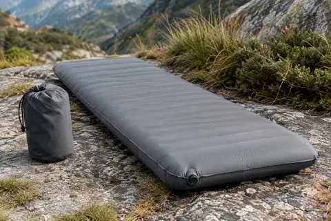 Matelas de randonnée gonflable gris de 8 cm avec son sac pompe posé sur un sol minéral