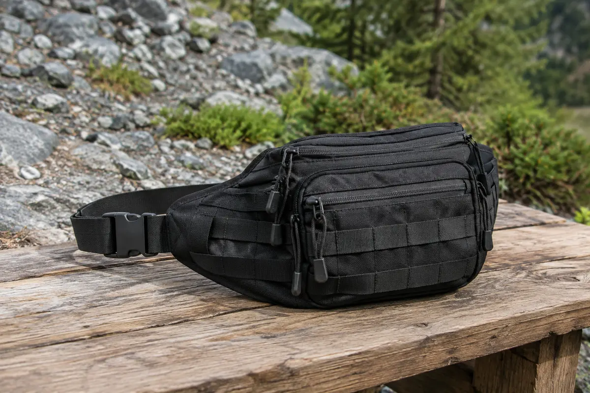 Sac banane noir Huntvp posé sur une table en bois, avec poches zippées et système MOLLE visible.