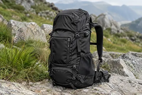 Sac à dos de randonnée noir posé sur un sol rocheux, avec poches frontales et bretelles rembourrées