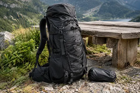Sac à dos de randonnée noir de 50 L posé sur un sol minéral, avec sa housse de pluie à côté.