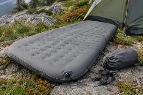 Matelas de randonnée gris à mémoire de forme installé sur un sol minéral de bivouac