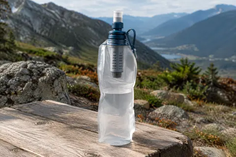 Gourde filtrante souple Katadyn bleu ardoise et transparente posée sur une table de bivouac en bois