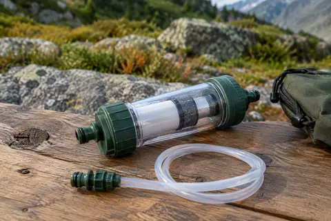 Filtre à eau Hiker Pro au boîtier transparent, posé sur une table de bivouac en bois avec ses raccords visibles.