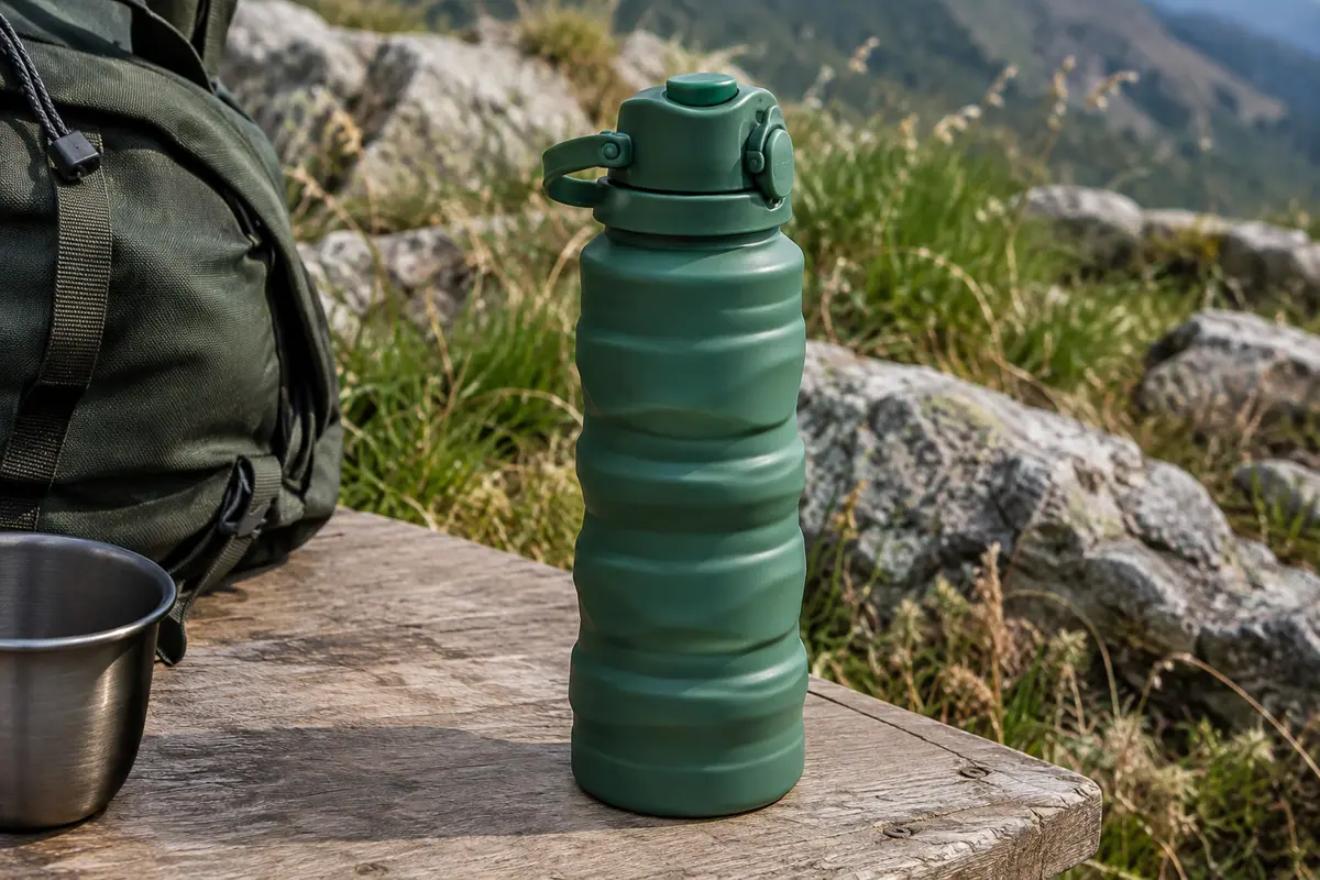 Gourde pliable en silicone vert Kemier posée sur une table de bivouac en bois, avec son bouchon verrouillable
