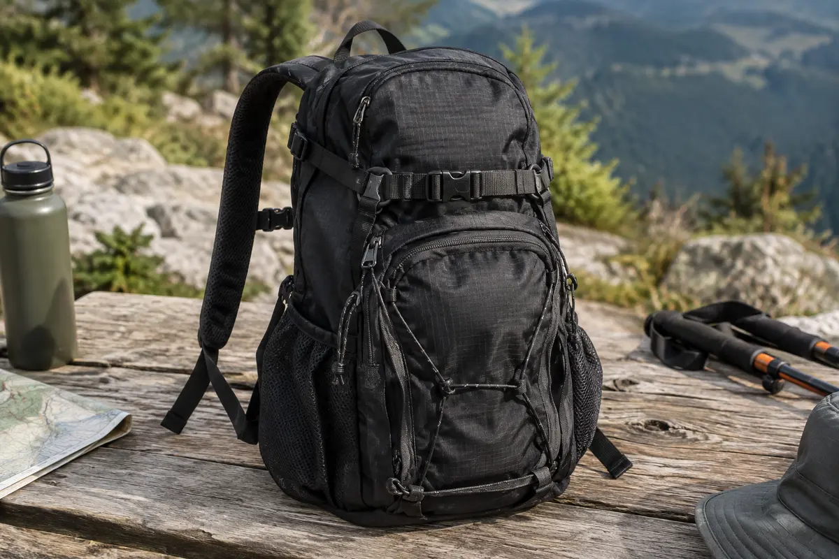 Petit sac à dos pliable noir avec poche avant zippée, poches latérales et sangle de poitrine réglable