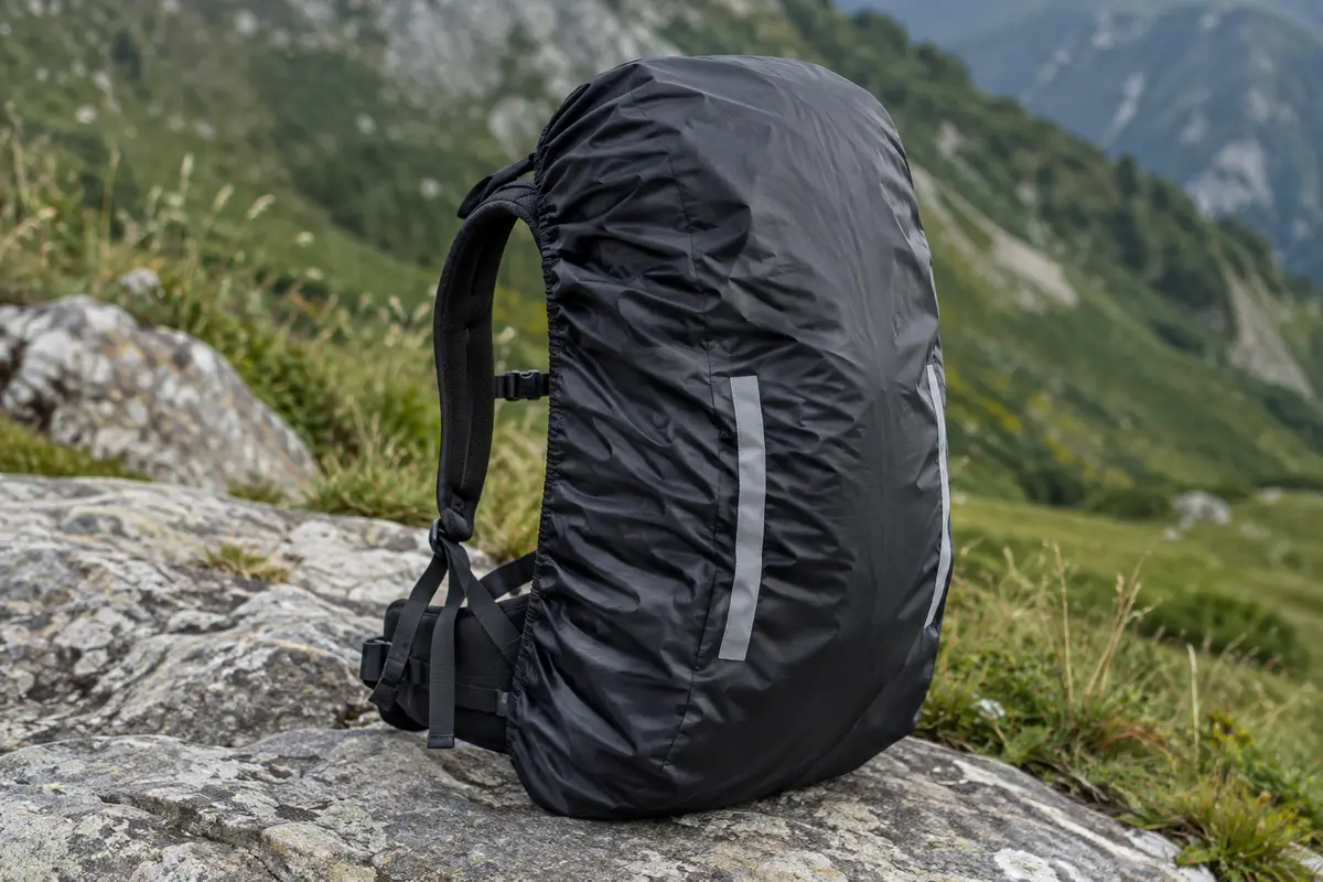 Housse noire à bandes réfléchissantes installée sur un sac à dos posé sur un sol minéral de montagne.