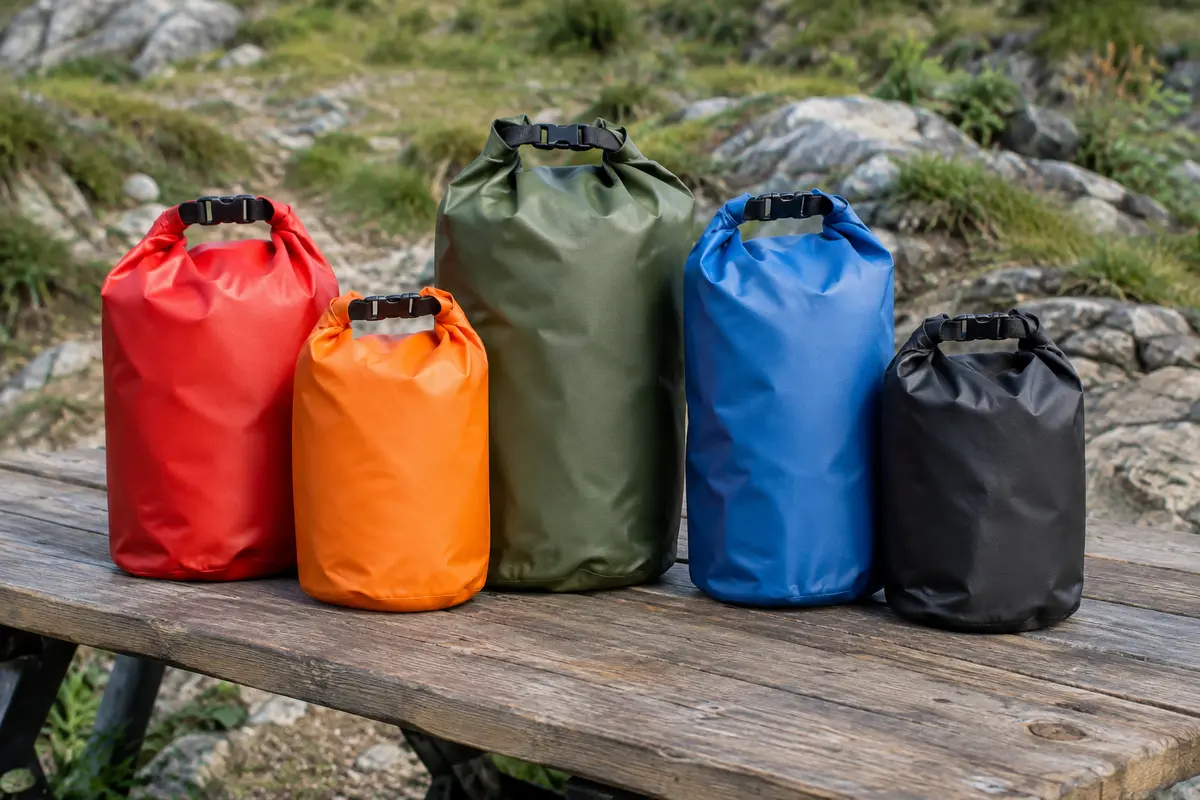 Cinq sacs étanches Lanjue de volumes différents posés sur une table de bivouac en bois brut.
