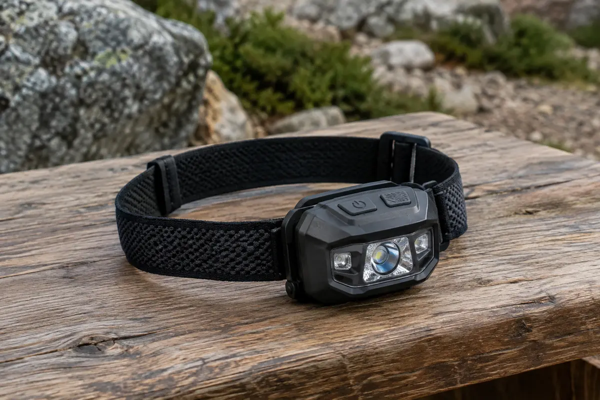 Lampe frontale noire rechargeable avec bandeau élastique posée sur une table de bivouac en bois