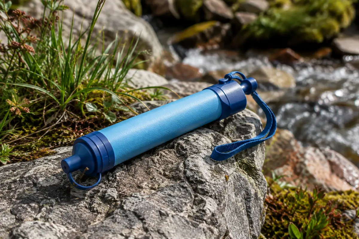Filtre à eau personnel bleu posé sur une pierre grise près d’un ruisseau de montagne