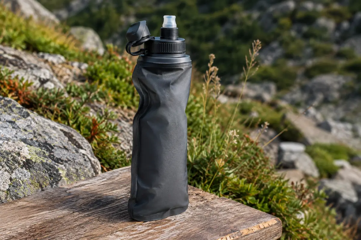 Gourde filtrante compressible gris foncé avec embout, posée sur une table de bivouac en bois brut.